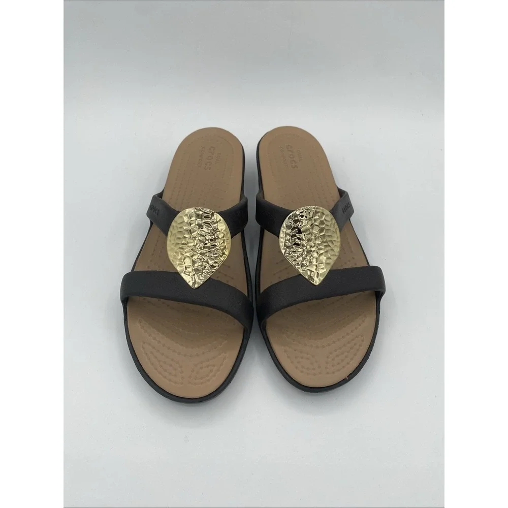 Crocs Sanrah Hammered Tear Drop Sandal Espresso Gold Womens 10